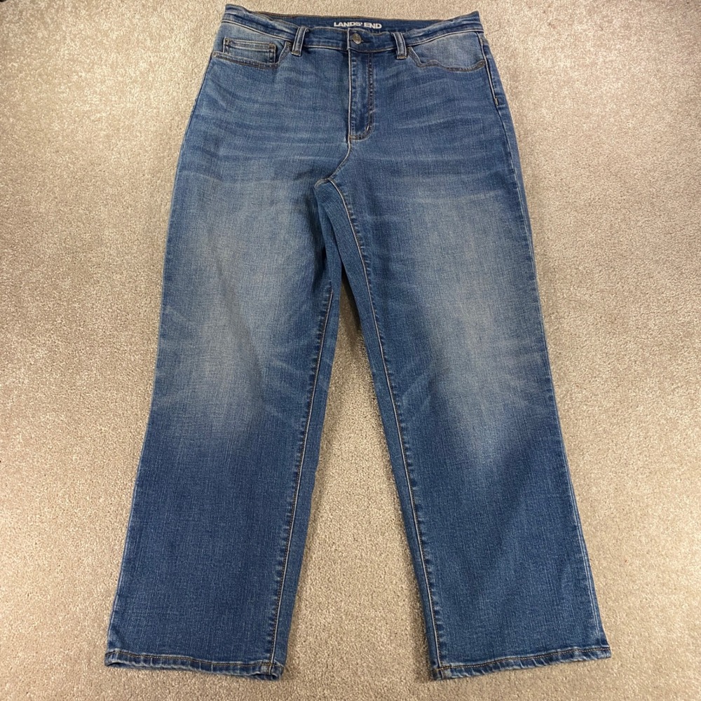 Lands' End Straight Leg Jeans Womens 33 Medium Wash High Rise Denim Stretch